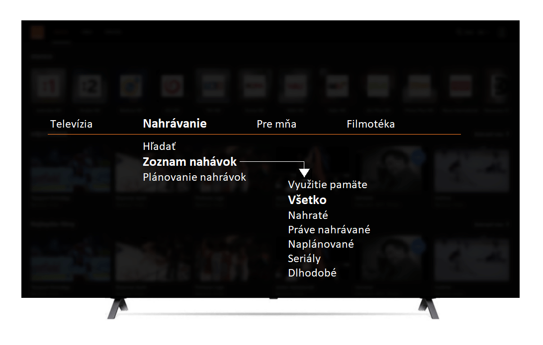 ukážka nastavení zobrazených v televízii