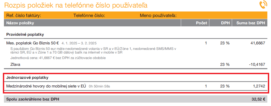 príklad roamingových poplatkov vo faktúre
