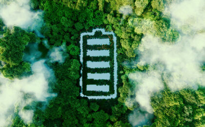 pohľad na stromy vytvárajúci symbol batérie